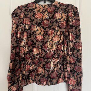 Express Peplum Blouse Top S Metallic Floral Print Faux Wrap Long Sleeve Gold NEW